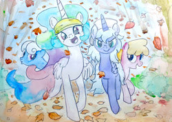 Size: 2812x1995 | Tagged: safe, artist:mandumustbasukanemen, cherry berry, linky, princess celestia, princess luna, shoeshine, alicorn, earth pony, pony, g4, autumn, female, forest, leaves, mare, royal sisters, running of the leaves, siblings, sisters, traditional art, watercolor painting
