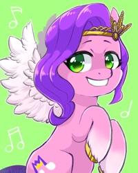 Size: 960x1200 | Tagged: safe, artist:yukkuri_yu_yu, pipp petals, pegasus, pony, g5, adorapipp, cute, eye clipping through hair, female, green background, headband, looking at you, mare, music notes, simple background, smiling, smiling at you, solo, spread wings, unshorn fetlocks, wings