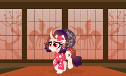Size: 5501x3320 | Tagged: safe, artist:lillyleaf101, oc, oc:moon petal, pony, unicorn, absurd resolution, base used, clothes, curved horn, female, hairpin, horn, kimono (clothing), mare, solo