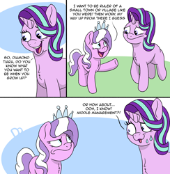 Size: 2736x2802 | Tagged: safe, artist:doodledonutart, diamond tiara, starlight glimmer, earth pony, pony, unicorn, g4, :/, :s, atg 2022, comic, dialogue, diamond tiara is not amused, duo, duo female, female, filly, foal, frown, happy, high res, horn, mare, newbie artist training grounds, no tail, open mouth, open smile, smiling, sweat, sweatdrop, sweatdrops, unamused, wavy mouth