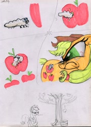 Size: 4398x6104 | Tagged: safe, artist:ja0822ck, applejack, earth pony, pony, worm, g4, apple, apple tree, comic, food, traditional art, tree