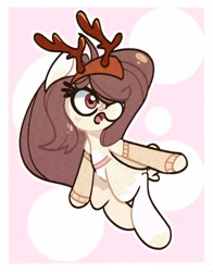 Size: 1800x2293 | Tagged: safe, artist:kindakismet, oc, oc only, earth pony, pony, antlers, art trade, bandaid, circle background, clothes, female, hair over one eye, mare, open mouth, reindeer antlers, simple background, solo, white background