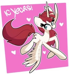 Size: 1596x1696 | Tagged: safe, artist:kindakismet, oc, oc only, oc:fausticorn, alicorn, pony, alicorn oc, female, flying, heart, horn, lauren faust, looking at you, mare, open mouth, partial background, simple background, solo, spread wings, white background, wings