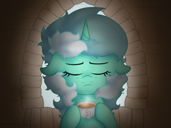 Size: 2125x1590 | Tagged: safe, artist:background basset, lyra heartstrings, pony, unicorn, g4, bust, cup, eyes closed, food, solo, tea, teacup