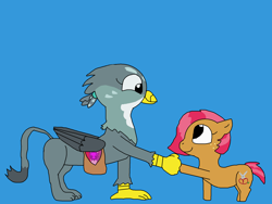 Size: 2000x1500 | Tagged: safe, artist:blazewing, apple bloom, babs seed, gabby, scootaloo, sweetie belle, earth pony, griffon, pony, g4, atg 2022, bag, blue background, colored background, cutie mark crusaders, drawpile, duo, duo female, female, filly, fist bump, foal, hoofbump, mailbag, newbie artist training grounds, simple background, smiling