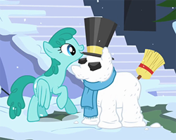 Size: 360x288 | Tagged: safe, screencap, spring melody, sprinkle medley, pegasus, pony, g4, hearth's warming eve (episode), background pony, broom, clothes, coal, cropped, female, hat, mare, mouth hold, scarf, snow, snowfall, snowpony, solo, top hat