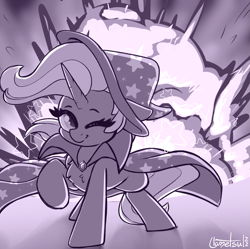 Size: 1171x1165 | Tagged: safe, artist:llametsul, trixie, pony, unicorn, g4, atg 2022, cape, chest fluff, clothes, cool guys don't look at explosions, cute, explosion, female, hat, looking at you, mare, monochrome, newbie artist training grounds, one eye closed, signature, smiling, smiling at you, solo, trixie's cape, trixie's hat, wink, winking at you