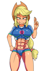 Size: 2606x4533 | Tagged: safe, artist:baigak, applejack, human, equestria girls, g4, abs, applejack's hat, applejacked, big breasts, breasts, busty applejack, clothes, cowboy hat, female, freckles, hand on hip, hat, looking at you, muscles, simple background, solo, swimsuit, tight clothing, tongue out, white background