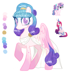 Size: 1280x1356 | Tagged: safe, artist:sleepy-rosie-sav, artist:vernorexia, princess amore, princess flurry heart, oc, pegasus, pony, g4, blue mane, color palette, colored wings, curly mane, eyeshadow, facial markings, fusion, goddess, gradient wings, greek mythology, headband, makeup, markings, possible incest, princess, purple eyes, purple mane, simple background, solo, transparent background, wings