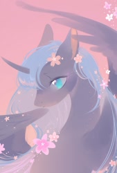 Size: 1181x1748 | Tagged: safe, artist:dreamsugar, princess luna, alicorn, pony, g4, cherry blossoms, female, flower, flower blossom, horn, mare, pink background, profile, simple background, solo, wings