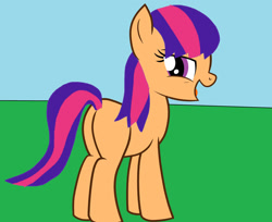 Size: 1280x1046 | Tagged: safe, artist:disneyponyfan, artist:muhammad yunus, scootaloo (g3), earth pony, pony, g3, g4, adult blank flank, blank flank, butt, cute, female, field, g3 cutealoo, g3 scootabutt, g3 to g4, generation leap, grass, grass field, hooves, looking back, mare, ms paint, multicolored hair, multicolored mane, multicolored tail, open mouth, open smile, outdoors, plot, purple eyes, smiling, solo, standing, tail, two toned mane, two toned tail