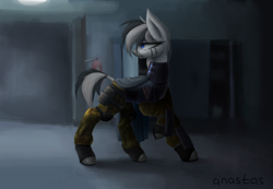 Size: 2600x1800 | Tagged: safe, artist:anastas, oc, oc only, zebra, alternate versions, armor, blue eyes, cape, cloak, clothes, detailed background, female, fire extinguisher, hoofprints, mare, military uniform, outfit, reised hoof, solo, standing, stripes, uniform, wolfenstein