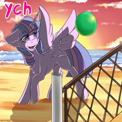 Size: 1780x1780 | Tagged: safe, artist:yuris, oc, oc only, pony, advertisement, auction, ball, beach volleyball, commission, cute, ocean, red sky, sand, smiling, solo, sports, sunset, volleyball, volleyball net, water, ych sketch