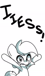 Size: 1299x2175 | Tagged: safe, artist:kindakismet, pony, exclamation point, gray background, hooves in air, looking at you, monochrome, open mouth, simple background, solo, talking, white background