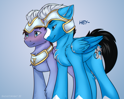 Size: 2680x2155 | Tagged: safe, artist:snowstormbat, oc, oc only, oc:enduro elite, oc:luck, pegasus, pony, g5, armor, blushing, dialogue, flirting, gay, high res, larger male, male, male oc, royal guard, size difference, smaller male, stallion, stallion on stallion