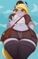 Size: 3000x4700 | Tagged: safe, alternate version, artist:nording, derpy hooves, pegasus, anthro, g4, bag, belly button, big breasts, breasts, busty derpy hooves, clothes, female, hand, hat, looking at you, low angle, mailbag, mailmare, mailmare hat, mailmare uniform, mailpony, solo, stockings, thigh highs, thighs, thunder thighs, wide hips