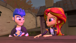 Size: 605x338 | Tagged: safe, artist:majinfreecell, flash sentry, sunset shimmer, human, equestria girls, g4, 3d, female, looking at each other, looking at someone, male, ship:flashimmer, shipping, source filmmaker, straight