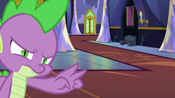 Size: 1280x720 | Tagged: safe, screencap, spike, changeling, dragon, g4, season 6, to where and back again, angry, disguise, disguised changeling, fake spike, i've got my eye on you, male, solo, twilight's castle