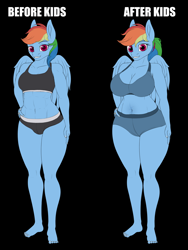 Size: 4500x6000 | Tagged: safe, artist:thehuskylord, rainbow dash, pegasus, anthro, plantigrade anthro, g4, abs, absurd resolution, barefoot, before and after, belly button, big breasts, black background, bra, breast expansion, breasts, busty rainbow dash, clothes, commission, duality, eyebrows, feet, female, grin, growth, hand on hip, milf, milf dash, mom bod, muscles, older, partially open wings, rainbuff dash, simple background, smiling, solo, sports bra, stretchmarks, underwear, weight gain, winged anthro, wings