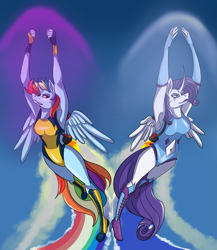 Size: 1911x2200 | Tagged: safe, artist:lazyowl13, rainbow dash, rarity, alicorn, anthro, g4, alicornified, cleaning, clothes, determined, duo, fast, female, jetpack, leotard, race swap, rainbowcorn, raricorn, shockwave, sonic boom, sound barrier, swimsuit, wonderbolts swimsuit