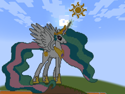 Size: 1280x961 | Tagged: safe, artist:clevercloud2022pl, princess celestia, alicorn, pony, g4, crown, ethereal hair, female, glowing, glowing horn, hair, hill, horn, jewelry, minecraft, minecraft pixel art, pixel art, regalia, solo, sun work, wings