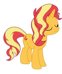 Size: 1500x1804 | Tagged: safe, artist:gmaplay, sunset shimmer, pony, unicorn, g4, eyes closed, female, frown, full body, hooves, horn, mare, simple background, solo, standing, tail, transparent background, two toned mane, two toned tail
