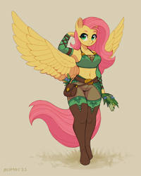 Size: 1600x2000 | Tagged: safe, artist:asimos, fluttershy, pegasus, anthro, unguligrade anthro, g4, adventurer, arm behind head, arm warmers, armpits, bag, belly button, belt, boots, breasts, busty fluttershy, cleavage, clothes, female, fit, herbalist, hoof boots, legs, midriff, plant, reasonably sized breasts, sexy, shoes, short shirt, slender, socks, solo, spread wings, thigh boots, thigh gap, thigh highs, thighs, thin, underass, wide hips, wings