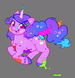 Size: 1643x1710 | Tagged: safe, artist:catmintyt, izzy moonbow, pony, unicorn, g5, bracelet, female, gray background, happy, jewelry, jumping, looking at you, mare, open mouth, open smile, paint, simple background, smiling, smiling at you, solo, sticker, unshorn fetlocks