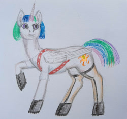 Size: 1500x1415 | Tagged: safe, artist:soobel, princess celestia, alicorn, pony, g4, boots, newbie artist training grounds, raised hoof, shoes, solo, traditional art, uncanny valley