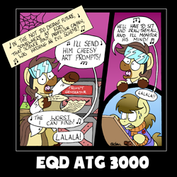 Size: 2288x2284 | Tagged: safe, artist:bobthedalek, oc, oc only, oc:calpain, oc:kettle master, earth pony, pony, atg 2022, clothes, comic, crossover, high res, male, mystery science theater 3000, newbie artist training grounds, singing, stallion, thunderbirds