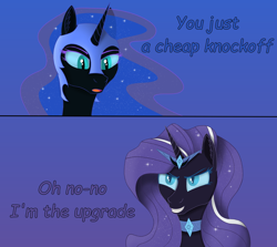 Size: 2528x2250 | Tagged: safe, artist:enteryourponyname, nightmare moon, nightmare rarity, pony, g4, 2 panel comic, comic, dialogue, ethereal mane, evil smile, gradient background, grin, helmet, high res, jewelry, meme, ponified meme, reference, simple background, smiling, starry mane, text, the boys