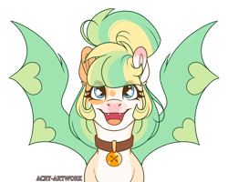 Size: 1600x1280 | Tagged: safe, artist:acry-artwork, oc, oc only, bat pony, pony, bat pony oc, bell, bell collar, collar, cute, fangs, ocbetes, simple background, solo, transparent background
