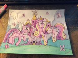 Size: 900x673 | Tagged: safe, artist:marybellamy, princess cadance, twilight sparkle, alicorn, butterfly, pony, g4, commission, cute, dancing, duo, duo female, female, folded wings, happy, san diego comic con, sisters-in-law, sunshine sunshine, traditional art, twilight sparkle (alicorn), twilight's castle, wings