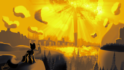 Size: 3840x2160 | Tagged: safe, artist:tyleks, earth pony, pony, atg 2022, beautiful, elden ring, erdtree, game, high res, monochrome, newbie artist training grounds, ponified, ruins, scenery, scenery porn, solo, tree, video game