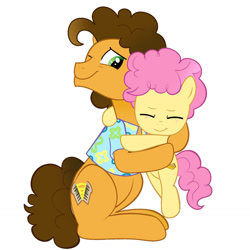 Size: 1280x1280 | Tagged: safe, artist:tikapony, cheese sandwich, li'l cheese, earth pony, pony, g4, clothes, colt, cute, daddy cheese sandwich, duo, duo male, father and child, father and son, foal, hug, li'l cuteese, male, shirt, simple background, smiling, white background