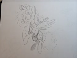 Size: 2048x1536 | Tagged: safe, artist:mellodillo, oc, oc only, pegasus, pony, female, flying, grayscale, grin, mailmare, mailpony uniform, mare, monochrome, pencil drawing, smiling, solo, traditional art