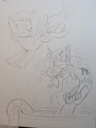 Size: 1536x2048 | Tagged: safe, artist:mellodillo, derpy hooves, discord, draconequus, pegasus, pony, g4, bathtub, duo, female, flying, frown, grayscale, grumpy, mare, monochrome, pencil drawing, soap, traditional art