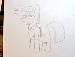 Size: 1024x768 | Tagged: safe, artist:mellodillo, maud pie, earth pony, pony, g4, clothes, dress, female, grayscale, mare, monochrome, pencil drawing, rock, solo, thought bubble, traditional art