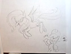 Size: 1024x768 | Tagged: safe, artist:mellodillo, applejack, fluttershy, bat pony, earth pony, pony, g4, angry, bat ponified, duo, female, flutterbat, flying, grayscale, mare, monochrome, pencil drawing, race swap, shaking hoof, thought bubble, traditional art