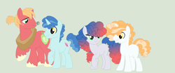 Size: 1280x535 | Tagged: safe, alternate version, artist:roseloverofpastels, big macintosh, party favor, oc, unnamed oc, earth pony, pony, unicorn, g4, alternate eye color, base used, crack ship offspring, crack shipping, family, gay, magical gay spawn, male, offspring, parent:big macintosh, parent:party favor, parents:partymac, partymac, ponytail, shipping, simple background, stallion
