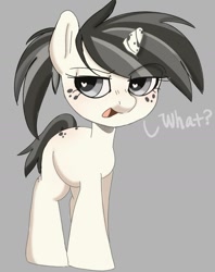 Size: 1119x1412 | Tagged: safe, artist:mushy, oc, oc only, oc:steelie, pony, unicorn, female, filly, foal, freckles, gray background, heart, heart eyes, sassy, simple background, solo, wingding eyes