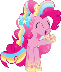Size: 3554x4205 | Tagged: safe, artist:php178, pinkie pie, earth pony, pony, g4, my little pony: the movie, the mean 6, .svg available, balloon, bow, eyes closed, female, gradient hooves, gradient mane, gradient tail, hair bow, heart, hoof heart, mare, movie accurate, rainbow power, raised hoof, simple background, smiling, stars, striped mane, striped tail, svg, tail, transparent background, vector