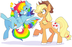 Size: 946x622 | Tagged: safe, artist:clockwiseleon, applejack, rainbow dash, earth pony, pegasus, pony, g4, colored wings, duo, duo female, eyes closed, female, grin, lesbian, mare, multicolored wings, rainbow wings, ship:appledash, shipping, simple background, smiling, unshorn fetlocks, white background, wings