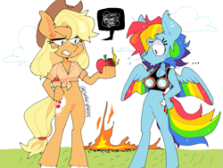Size: 827x621 | Tagged: safe, artist:clockwiseleon, applejack, rainbow dash, earth pony, pegasus, anthro, g4, apple, bottomless, breasts, clothes, colored wings, duo, duo female, featureless crotch, female, fire, food, front knot midriff, goggles, lesbian, mare, midriff, multicolored wings, partial nudity, rainbow wings, ship:appledash, shipping, simple background, white background, wings