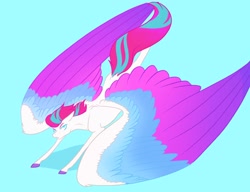 Size: 3000x2304 | Tagged: safe, artist:jezebel_remedy, zipp storm, pegasus, pony, g5, blue background, colored wings, female, high res, impossibly large wings, large wings, mare, multicolored wings, simple background, solo, thin legs, wings