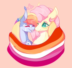 Size: 2684x2549 | Tagged: safe, artist:jezebel_remedy, fluttershy, rainbow dash, pegasus, pony, g4, bust, eyes closed, female, flag, floating heart, heart, high res, lesbian, lesbian pride flag, mare, pink background, pride, pride flag, ship:flutterdash, shipping, simple background, tongue out