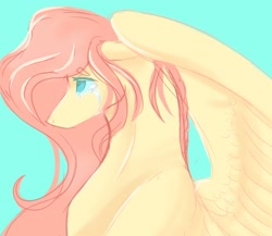 Size: 3000x2600 | Tagged: safe, artist:jezebel_remedy, fluttershy, pegasus, pony, g4, bust, crying, female, floppy ears, high res, mare, profile, simple background, solo, teal background