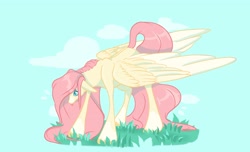 Size: 3044x1851 | Tagged: safe, artist:jezebel_remedy, fluttershy, pegasus, pony, g4, blue background, cloud, coat markings, female, floppy ears, folded wings, grass, hair physics, head down, large wings, long mane, long tail, mare, simple background, socks (coat markings), solo, spine, tail, thin legs, tongue out, unshorn fetlocks, wings