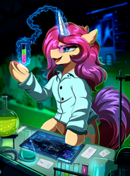 Size: 2582x3509 | Tagged: safe, artist:pridark, oc, oc only, oc:queen fylifa, pony, unicorn, bipedal, button-up shirt, chemicals, clothes, disguise, disguised changeling, flask, frog (hoof), glasses, high res, horn, laboratory, mad scientist, magic, shirt, solo, telekinesis, test tube, underhoof, unicorn oc