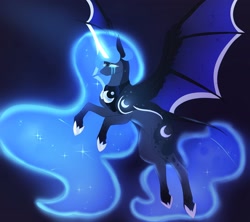 Size: 3502x3113 | Tagged: safe, artist:jezebel_remedy, princess luna, alicorn, pony, g4, bat wings, crying, female, flying, glowing, glowing horn, high res, horn, magic, magic aura, mare, solo, spread wings, wings
